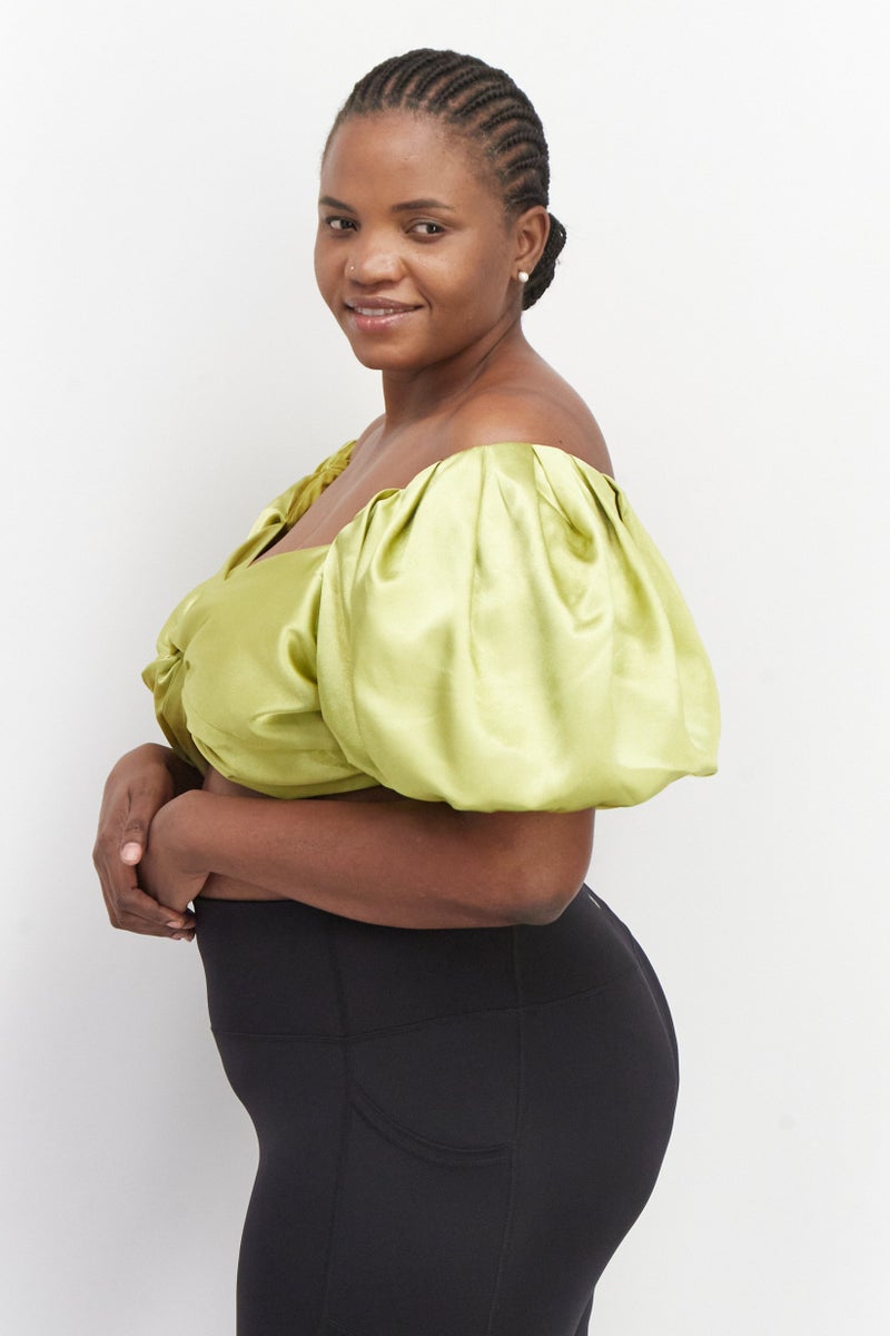 Yaura Women Plus Size Off-Shoulder Neck Puff Sleeve Textured Crop Top, Lime Green - Image 4